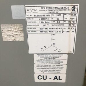 2000 KVA Transformer Data Plate