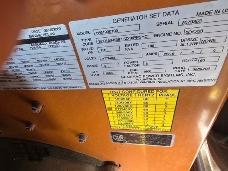 Generac Generator Set info data plate