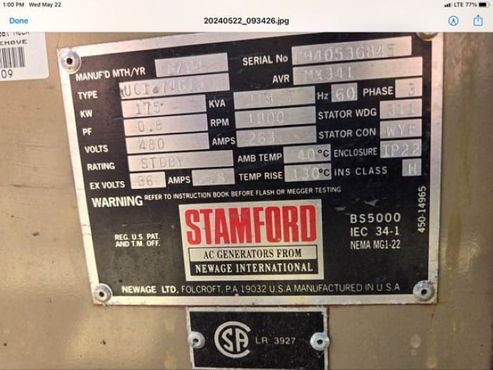 175 KW Gas Generator Data Plate