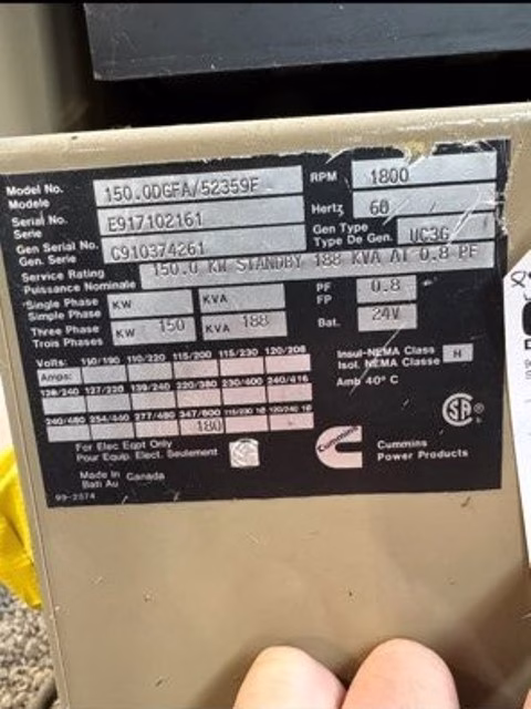 150 KW Cummins 8.3 Diesel Generator Data Plate
