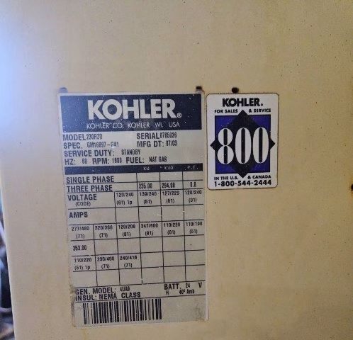 235 KW Natural Gas Generator Set data plate